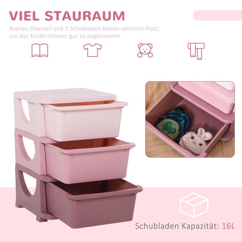 HOMCOM Aufbewahrungsboxen für Kinder, 3 Schubladen, abgerundete Kanten, erhöhtes Design, 37x37x56,5 cm, Rosa