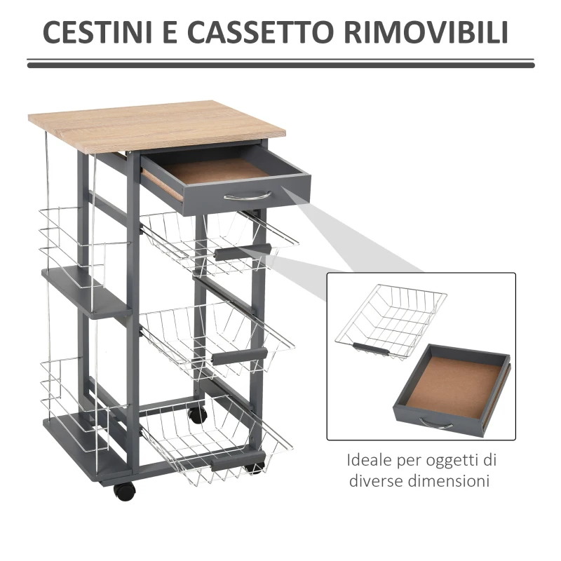 HOMCOM Carrello da Cucina con Cassetti Estraibili e 2 Portabottiglie, in Legno di Pino e Metallo, 47x37x83 cm