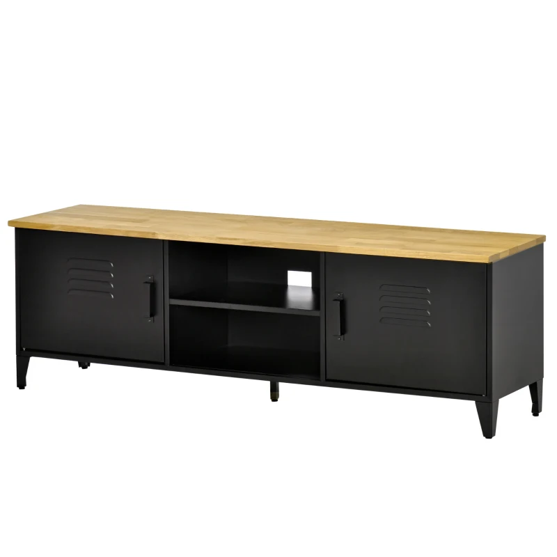 HOMCOM Meuble TV Banc TV pour téléviseurs de 55'' avec 2 Placards Pieds Réglables Cadre métalique noir Plateau en Bois Naturel 150 x 40 x 50 cm
