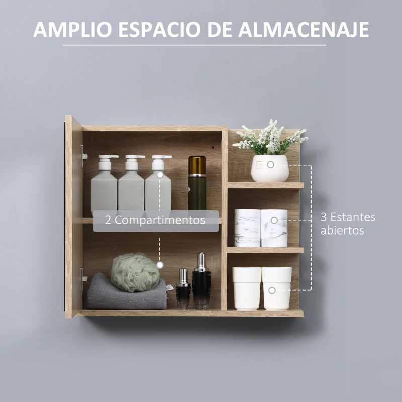 kleankin Armario con Espejo para Baño con 3 Estantes Abiertos y 1 Estante Interior Estilo Moderno 60x18x50 cm Natural