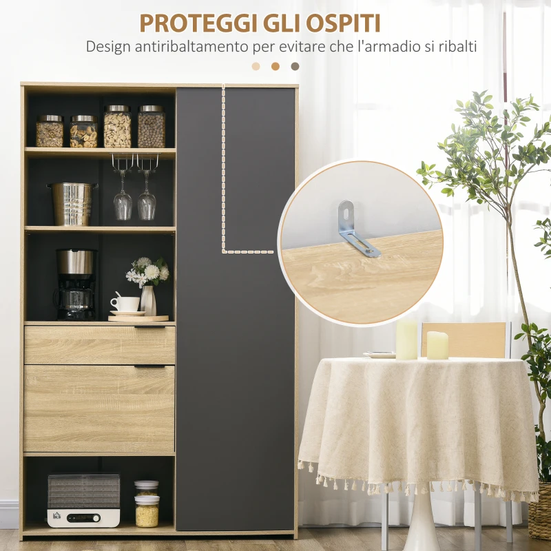 HOMCOM Credenza Moderna con Armadietto, Cassetto e Porta Calici, 110x41.5x180cm, Legno Naturale e Grigio