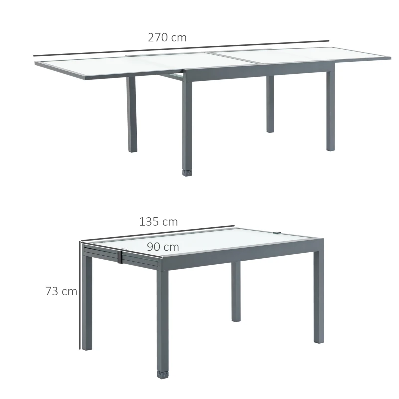 Outsunny Gartentisch Esstisch Balkontisch mit gehärteter Glasplatte Outdoor Aluminium Ausziehbarer Tisch Hinterhof Gartenmöbel Rechteck Bistrotisch Grau Weiß