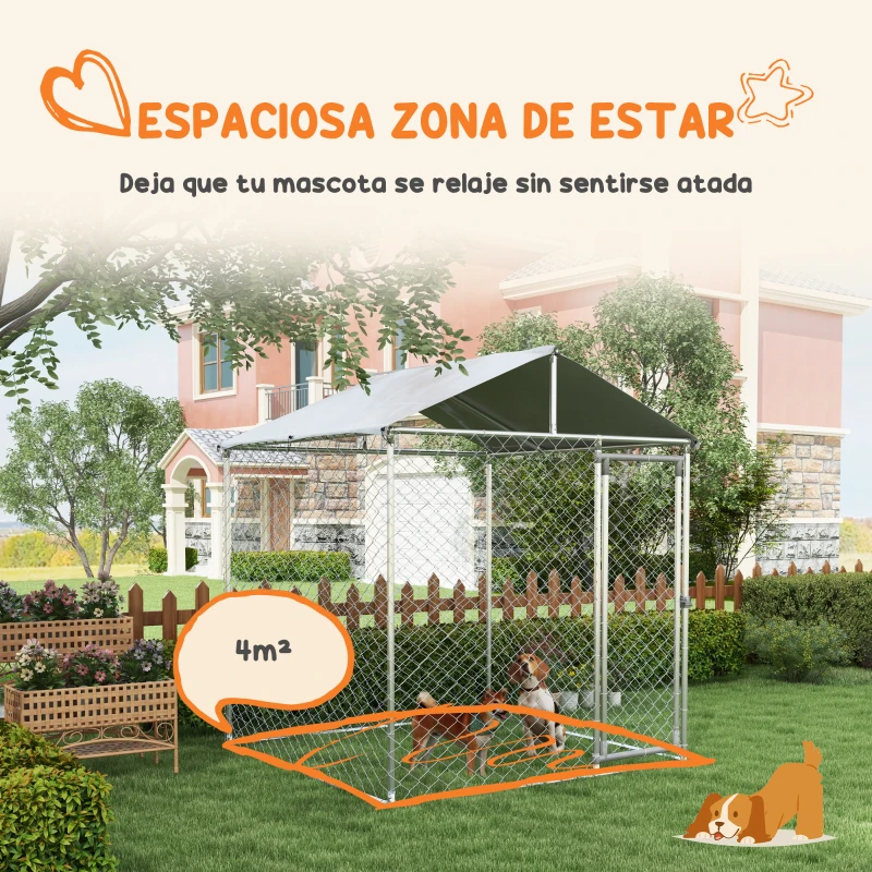 PawHut Jaula de Exterior para Perros Medianos con Cerradura Marco de Acero Toldo Impermeable y Anti-UV 200x200x237 cm Plata
