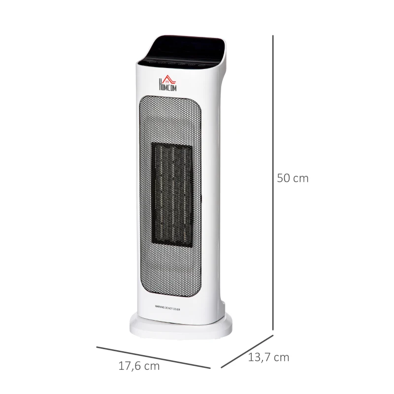 HOMCOM Calefactor Cerámico 1000W/2000W con Mando a Distancia Pantalla LED 3 Modos de Viento Temporizador de 8H Termostato y Oscilación 42° para 25 m² 17,6x13,7x50 cm Blanco