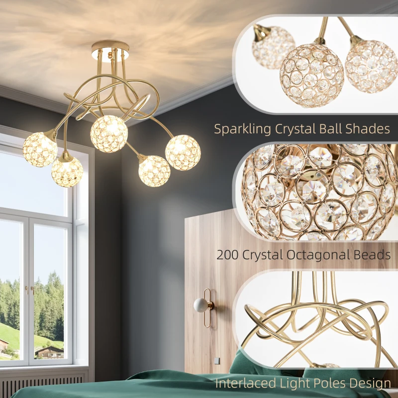 HOMCOM Crystal Chandelier Modern Pendant Light for Living Room with 5 Ball Lampshades 5 G9 Bulbs Required Gold Tone