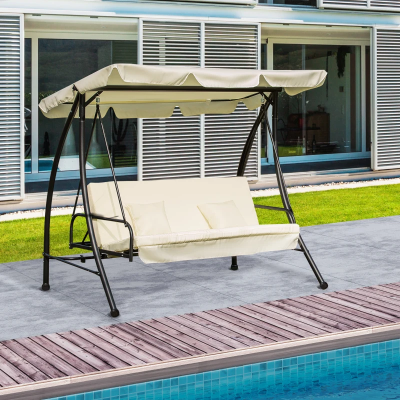 Outsunny 3 Seater Swing Chair 2-in-1 Hammock Bed Patio Garden Swing Seat Bed with Adjustable Canopy and Cushions, Cream
