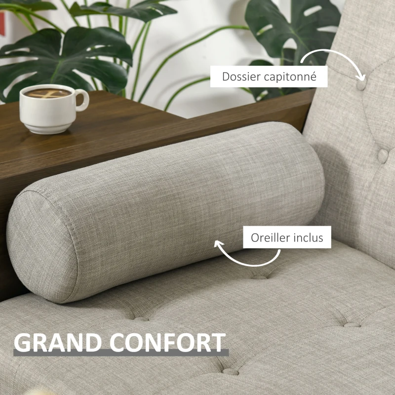 HOMCOM Canapé Convertible 3 Places Design scandinave Dossier inclinable 3 Positions Tablette Rabattable 2 Coussins Inclus Pieds effilés Bois Eucalyptus fumé Tissu Coton Polyester Aspect Lin Beige