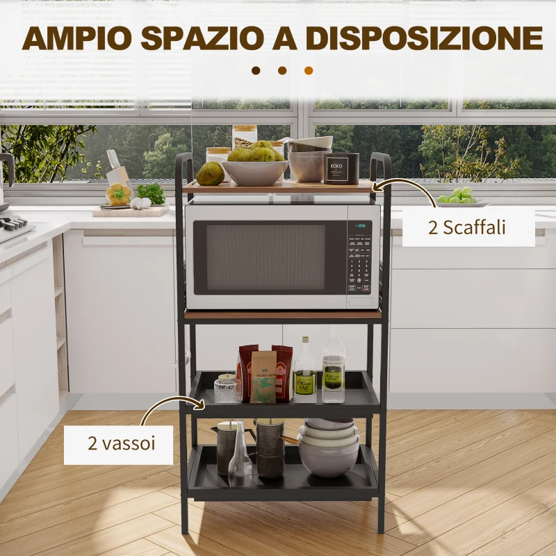 HOMCOM Mobile Cucina a 4 Livelli con 6 Ganci, 2 Vassoi e 4 Ripiani Rimovibili in MDF e Acciaio, 60x40x112 cm, Marrone