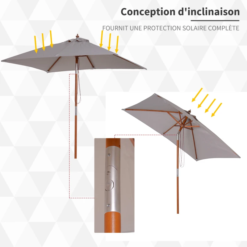 Outsunny Parasol de jardin extérieur Parasol rectangulaire inclinable bois polyester haute densité 2L x 1,5l x 2,3H m gris clair