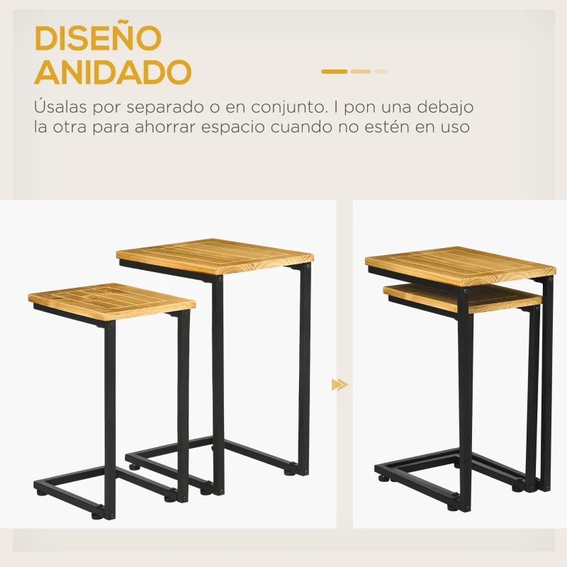 Outsunny Juego de 2 Mesas Auxiliares de Jardín Apilables en Forma de C con Marco de Metal 40x30x60 cm 35x24,5x52 cm Marrón Claro