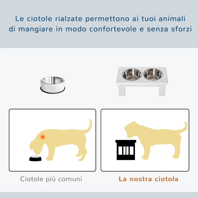 PawHut Ciotole Rialzate per Cani Piccoli e Taglia Media, Supporto in MDF con 2 Ciotole in Acciaio, Bianco