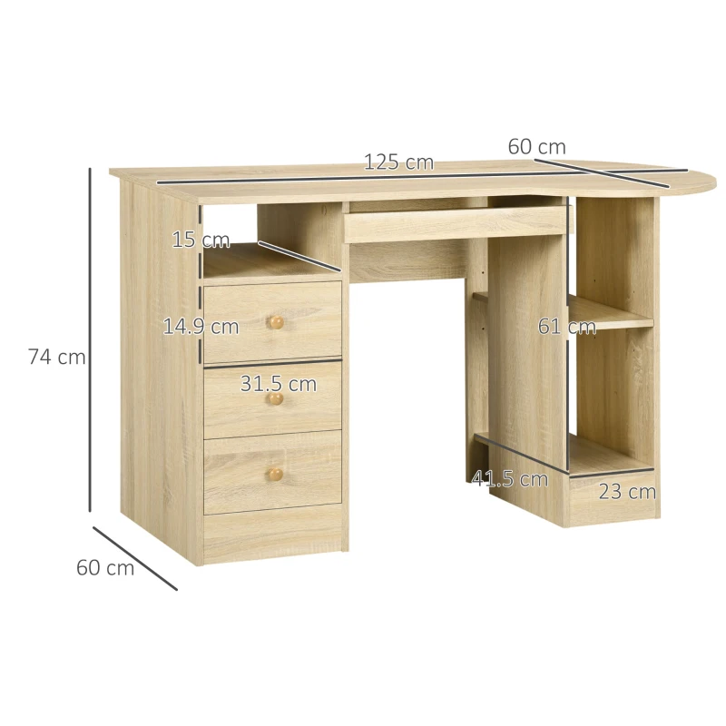 HOMCOM Scrivania da PC per Ufficio con Scaffali, Cassetti e Ripiano Testiera in Legno, 125x60x74cm