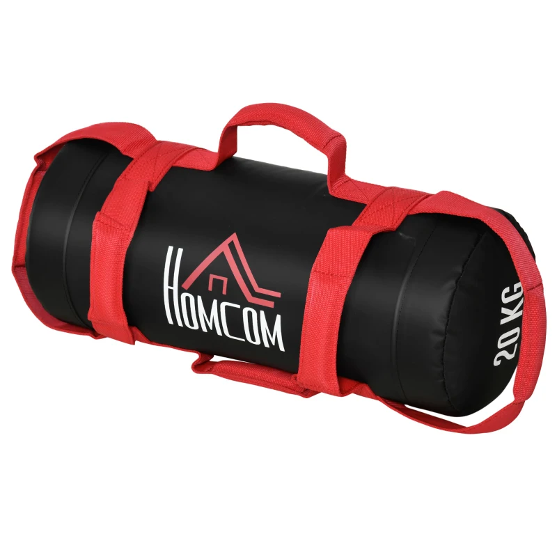 HOMCOM Sacca Bulgara da 20kg con 6 Cinghie per Allenamento Fitness in Casa, Ufficio e Palestra, Ø22x55 cm, Nero e Rosso
