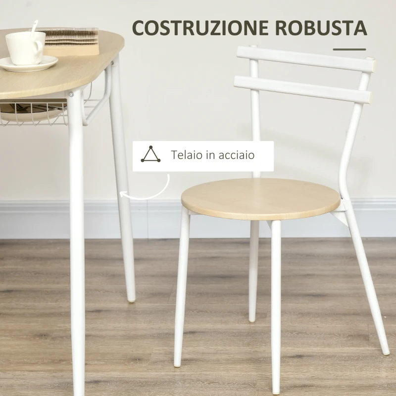 HOMCOM Sedie e Tavolo da Pranzo, Set 3 Pezzi con 2 Sedie e Tavolo Ovale con Ripiano, in MDF e Acciaio