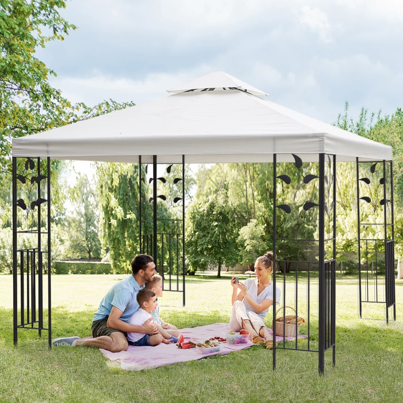 Outsunny Gartenpavillon mit Blatt-Design Pavillon 2,95 x 2,95 m stahlrahmen Doppeldach atmungsaktiv Partyzelt Festzelt Polyester Cremeweiß