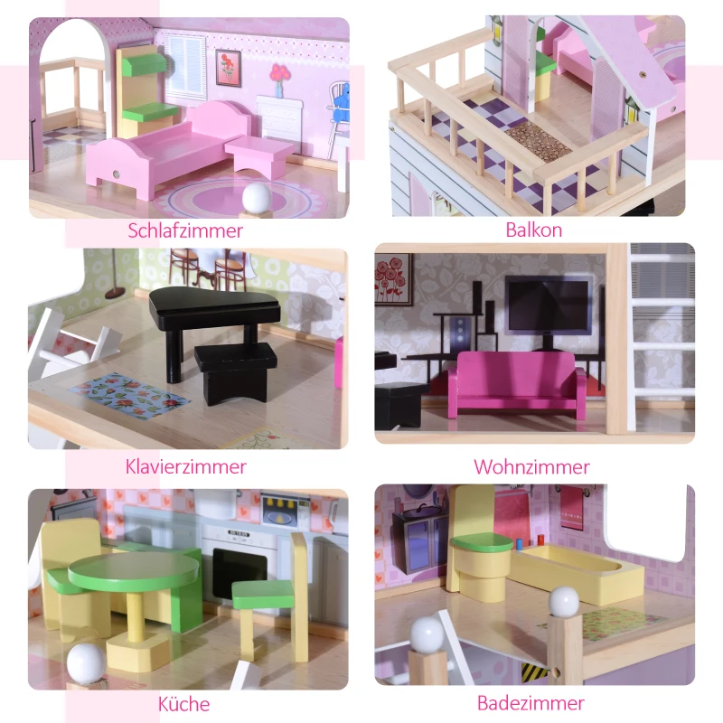 HOMCOM Puppenhaus aus Holz Puppenvilla für Kinder ab 3 Jahren Puppenstube Dollhouse 4 Etagen mit Möbel und Zubehör Spielzeug 60 x 30 x 80 cm