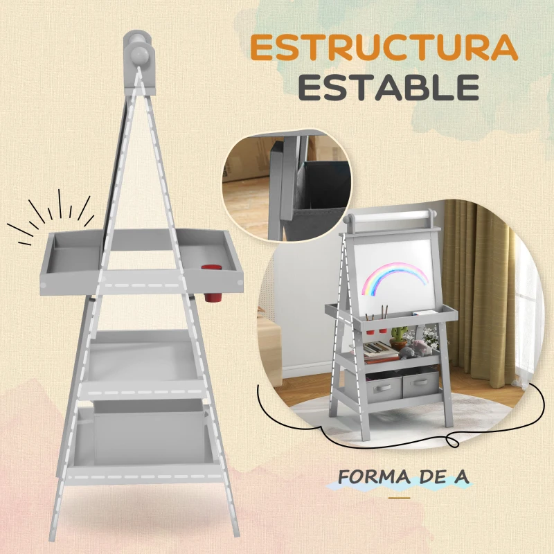 AIYAPLAY Caballete de Pintura para Niños 3 en 1 Pizarra de Doble Cara con Rollo de Papel y Cestas de Almacenamiento Gris