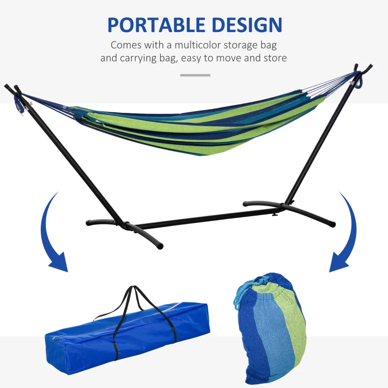 Outsunny 298 x 117cm Hammock with Stand Camping Hammock with Portable Carrying Bag, Adjustable Height, 120kg Load Capacity, Green Stripe