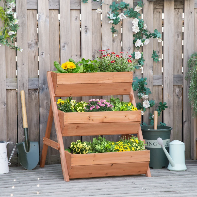 Outsunny 3 Tier Raised Garden Bed Wooden Elevated Planter Box Kit, 66L for Flower, Vegetable, Herb, 65x75x78cm, Brown
