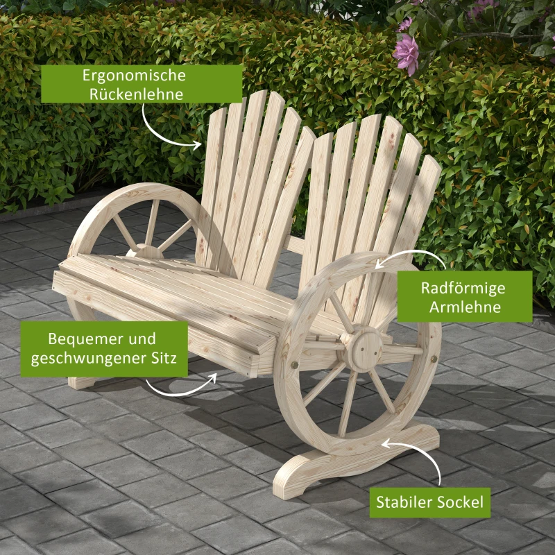 Outsunny Gartenbank, Wagenrad-Design, für 2 Personen, Naturholz