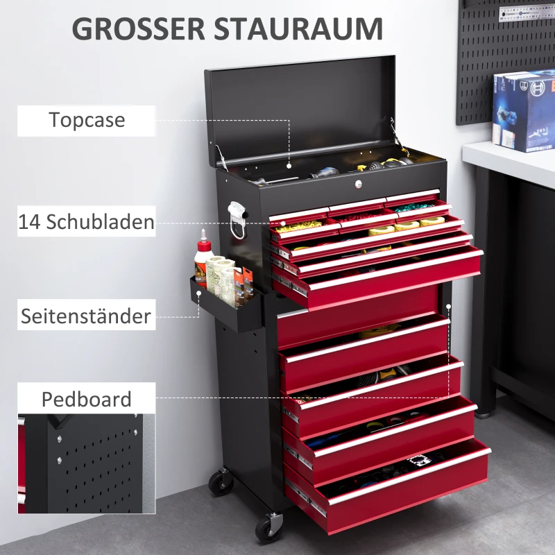 HOMCOM Werkzeugwagen, zweiteilig, abschließbar, 14 Schubladen, Lochwand, Stahl, Rot(m-4)