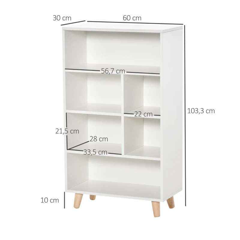 HOMCOM Bücherregal Wohnzimmerregal Bücherschrank Standschrank mit 6 Fächern Weiß+Natur Spanplatte 60 x 30 x 103,3 cm