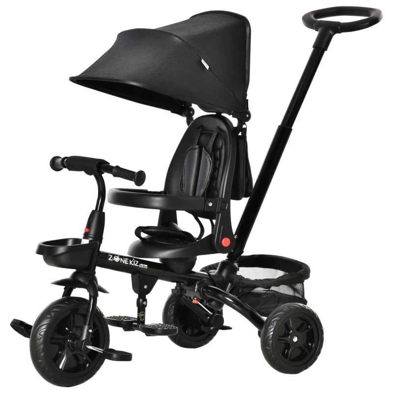 HOMCOM Tricycle Enfant évolutif Pliable 4 en 1 Multifonction - Pare-Soleil, Canne télescopique Amovible - siège pivotant, Harnais, Arceau sécurité - 3 paniers Rangement - métal PP Noir