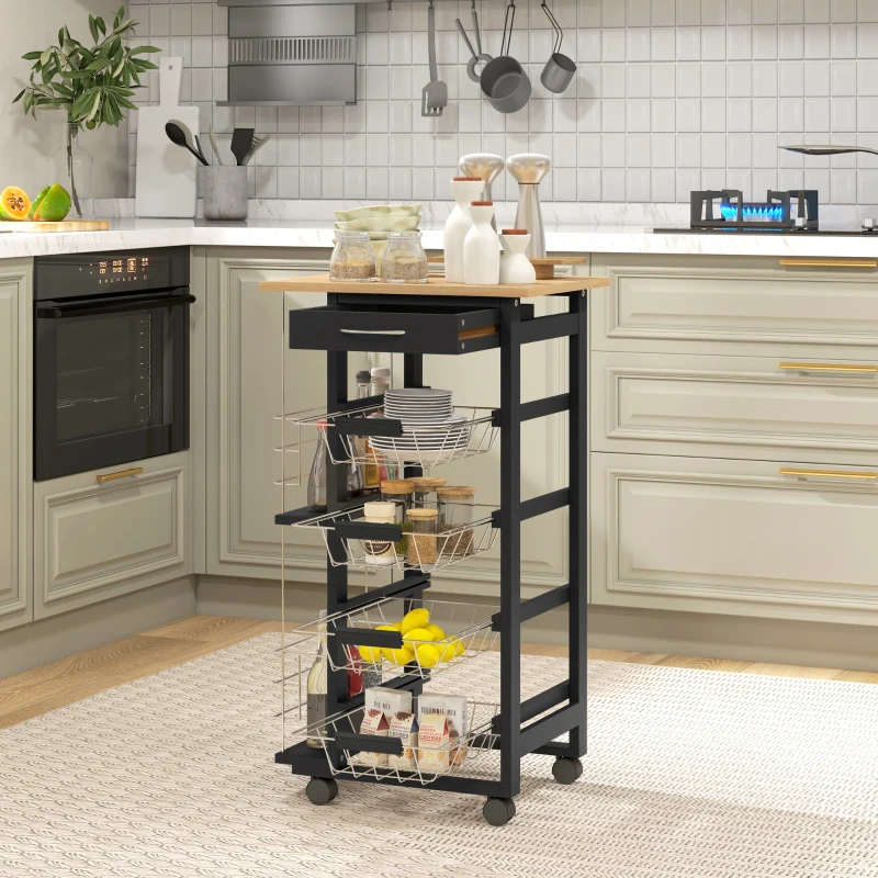 HOMCOM Carrito de Cocina con Ruedas Carrito Multiusos con Cajón 4 Cestas Extraíbles de Metal y Bastidores 47x37x83 cm Negro