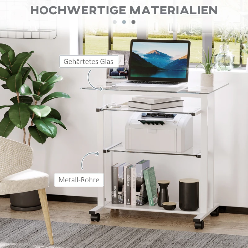 HOMCOM Computertisch Eckschreibtisch Winkelschreibtisch Schreibtisch Bürotisch PC moderner einfacher Stil Hartglas Eisenrohr Weiß 80 x 51 x 83 cm
