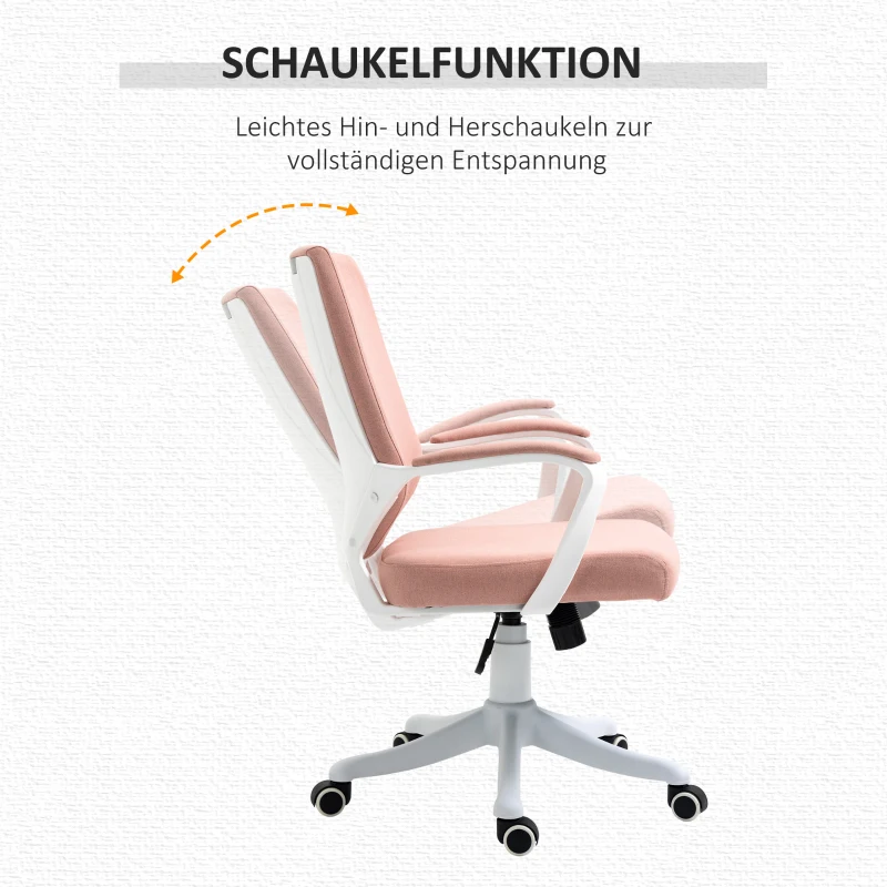Vinsetto Bürostuhl Schreibtischstuhl Home-Office-Stuhl mit Wippenfunktion Rückenlehne höhenverstellbarer dick gepolstert ergonomisch 360°-Drehräder Polyester Nylon PP Rosa+Weiß 62x69x92-100 cm