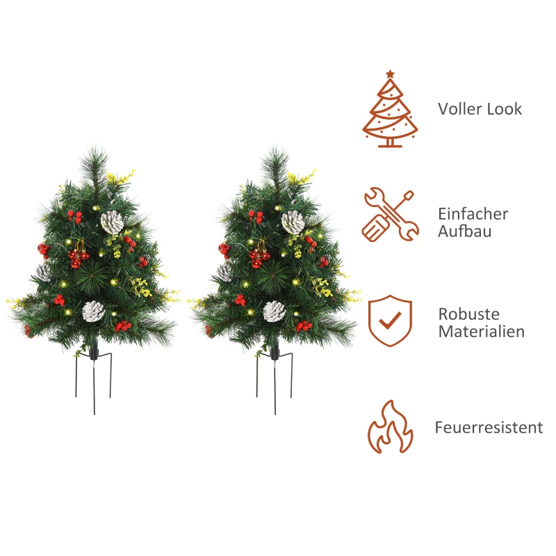 HOMCOM 2-er Set Weihnachtsbäume, Künstlicher Mini-Christbaum mit LED-Lichtern, Kunststoff, Metall, Ø33 x 75 cm, Grün