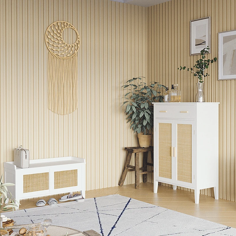 HOMCOM Lot de Banc à chaussures + Meuble à chaussures - meuble de rangement pour l'entrée - 2 portes effet cannage - blanc