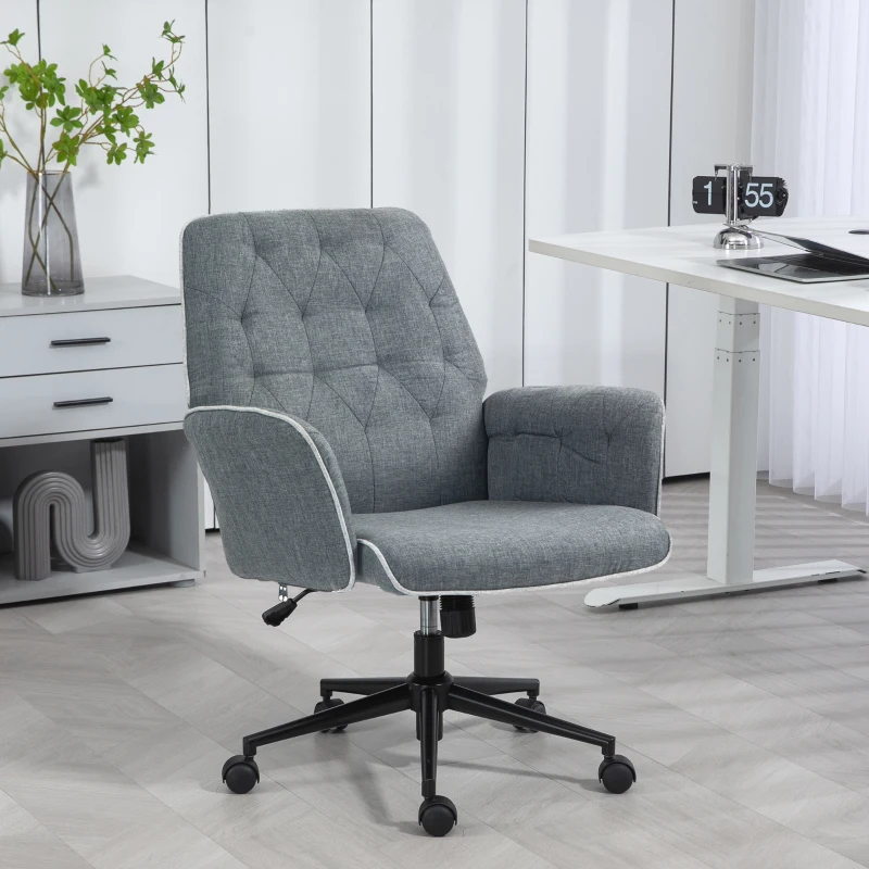 HOMCOM Linen Computer Chair with Armrest, Modern Swivel Chair with Adjustable Height, Dark Grey