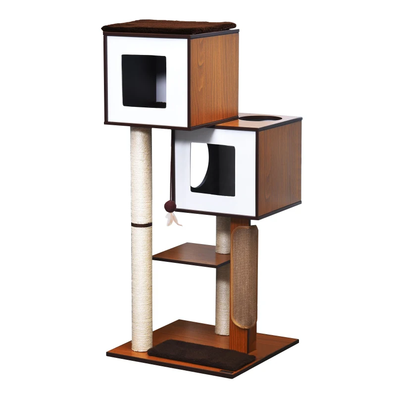 PawHut Arbre à chats design contemporain griffoirs grattoirs sisal naturel niches plateformes jeu boule suspendue 55L x 55l x 125H cm MDF hêtre brun