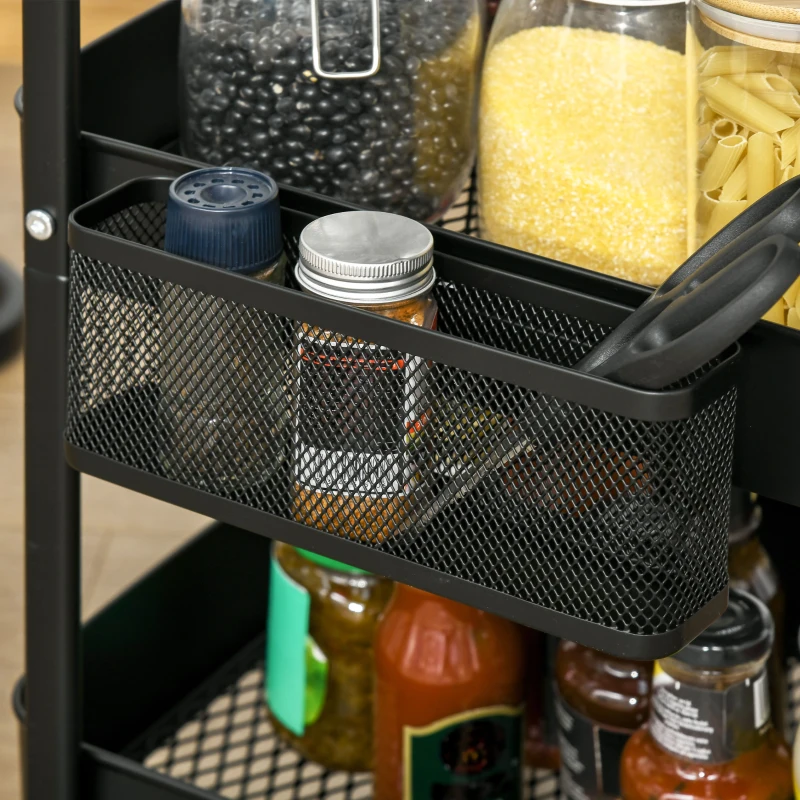 HOMCOM Carrito Auxiliar con Ruedas Carro de Almacenaje Multifuncional con 4 Ganchos y 2 Cestas Colgantes 51,5x32x75,6 cm Negro