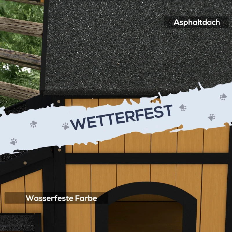 PawHut Katzenhaus Katzenhütte Katzenhöhle, inkl. Blumenkasten, 96 cm x 65 cm x 85,5 cm, Gelb + Weiß + Schwarz(m-6)