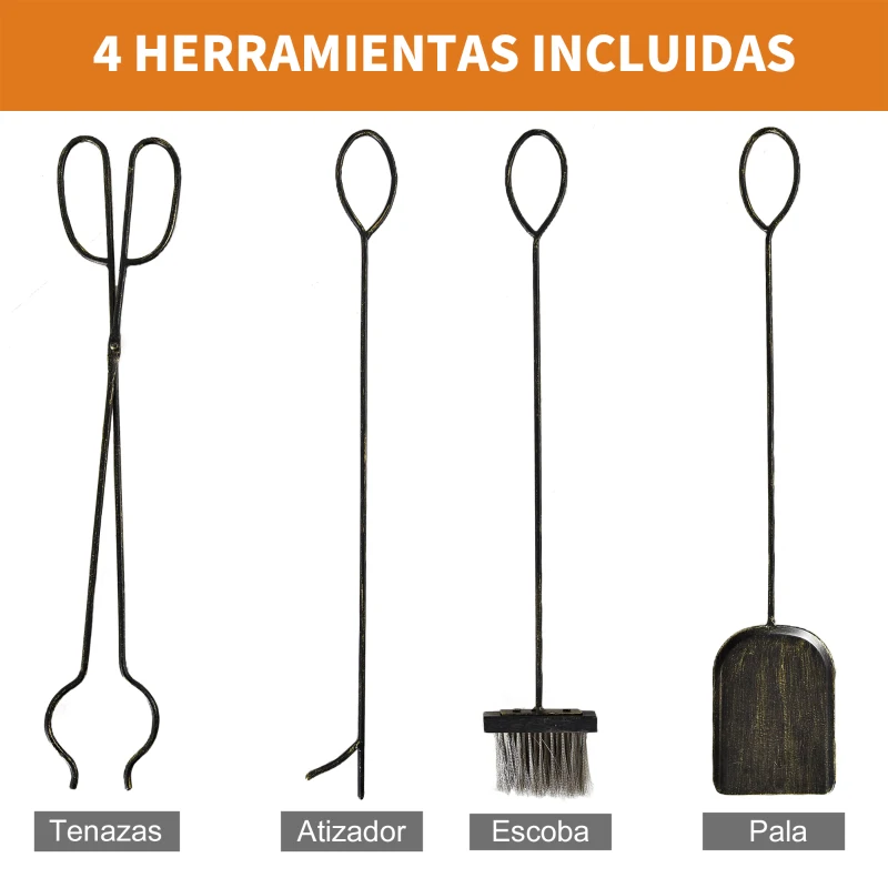 Outsunny Soporte para Leña de Metal con 4 Herramientas y Asas para Interior y Exterior 51,5x33x77 cm Negro Dorado
