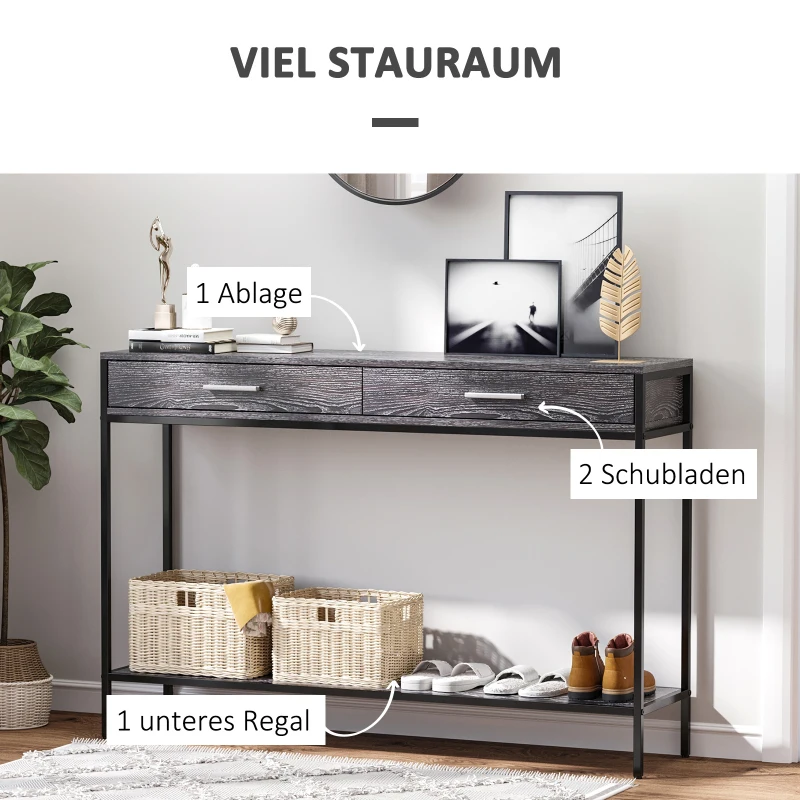 HOMCOM Konsolentisch Eingangstisch Beistelltisch 2 Schubladen Unterregal Stahl Grau 120 x 30 x 81,5 cm