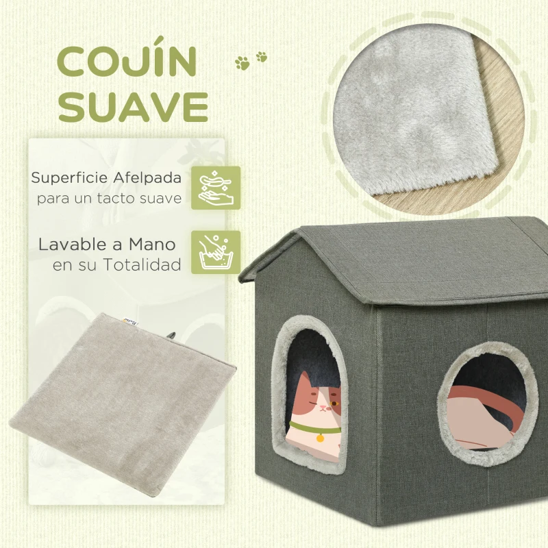 PawHut Casa para Gatos Cueva para Gatos con 2 Puertas y Cojín Lavable 39x43,5x40,5 cm Gris