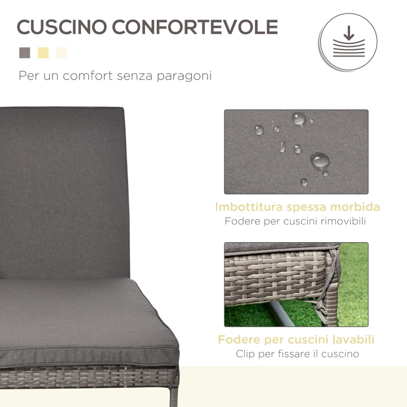 Outsunny 3pz Componibile 2 Lettini Prendisole (60 x 195 x 86cm) 1 Tavolino (121 x 40 x 50cm) Rattan con Materassini Grigio