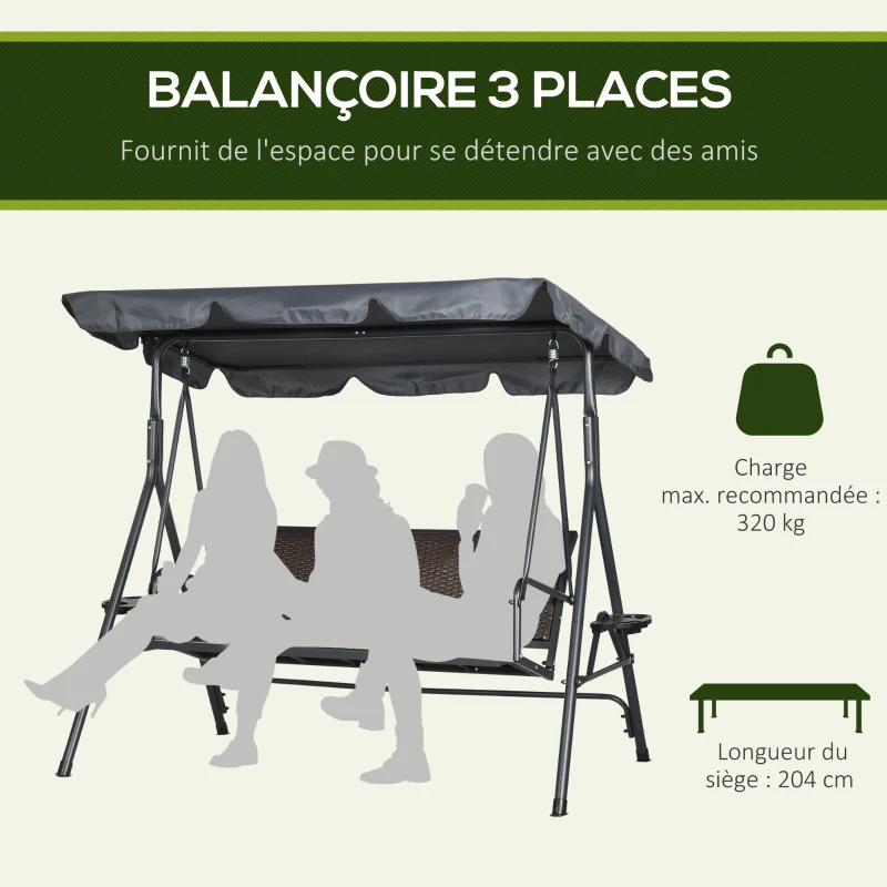 Outsunny Balancelle de jardin 3 places toit inclinaison réglable avec porte-gobelets et plateaux assise dossier ergonomique