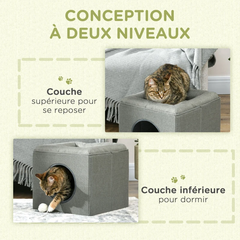 PawHut Maison niche pour chat 2 niveaux avec coussin moelleux en peluche - 36,5 x 36,5 x 33 cm gris
