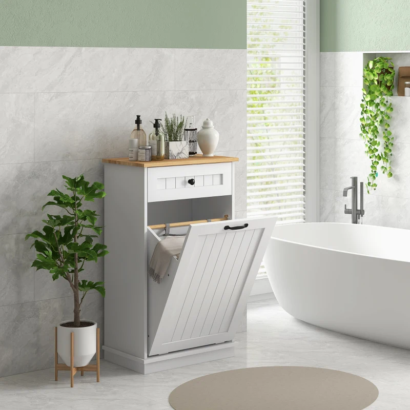 HOMCOM Mobiletto Bagno in Legno con Cesto Portabiancheria in Tessuto Ribaltabile e Cassetto, Bianco