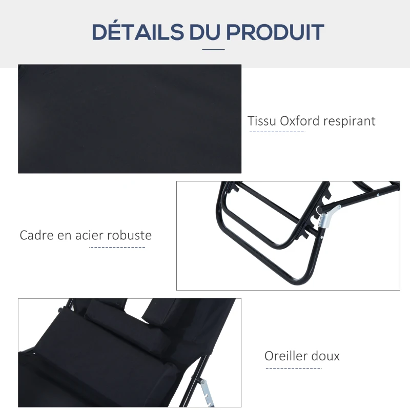 Outsunny Bain de Soleil Pliable transat inclinable 4 Positions Chaise Longue 3 Coussins fournis Noir