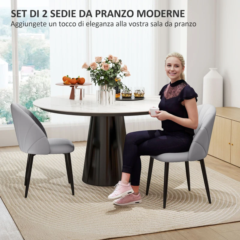 HOMCOM Set 2 Sedie da Pranzo in Pelle PU con Gambe in Metallo e Schienale a Conchiglia, Grigio Chiaro