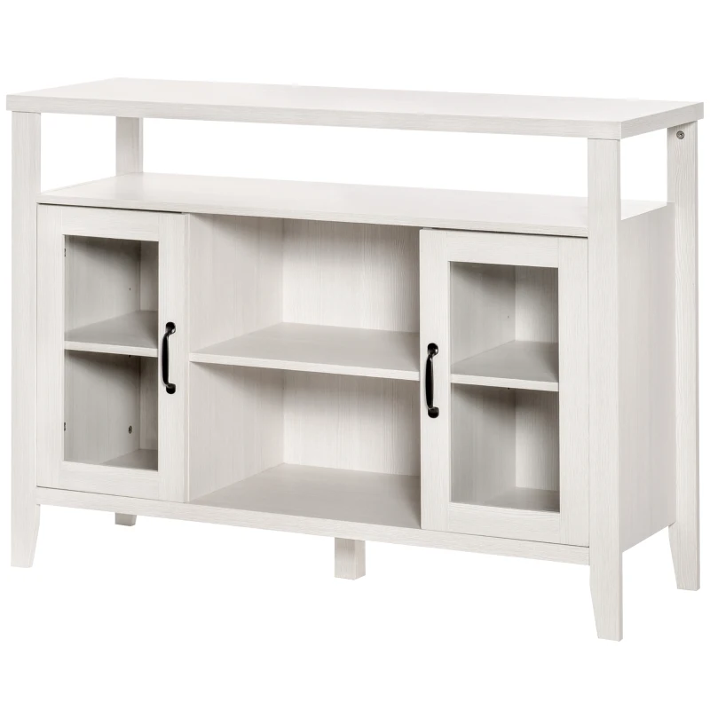 HOMCOM Aparador de Cocina Mueble Auxiliar de Comedor con 2 Armarios con Puerta de Vidrio Estante Ajustable Compartimentos Abiertos 116x39,5x86,5 cm Blanco
