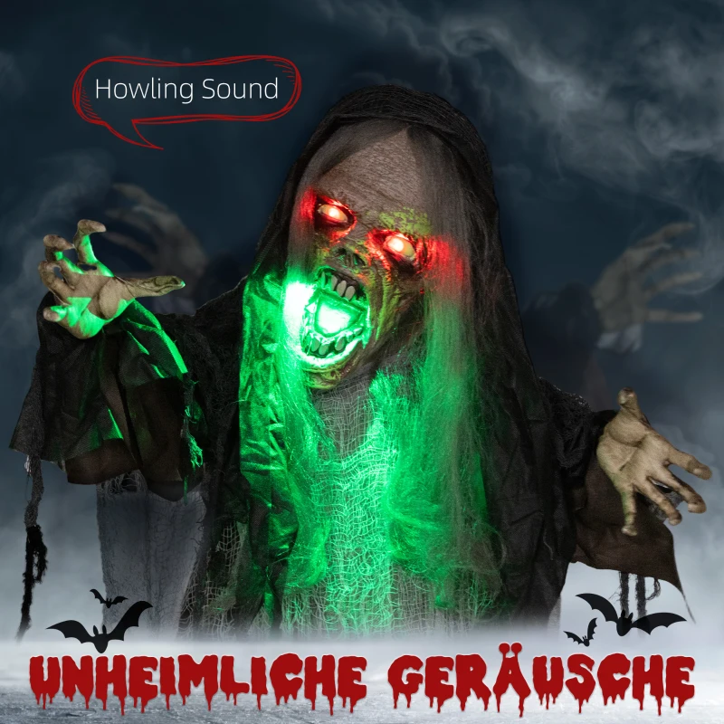 HOMCOM Grünes Monster, Helloweendeko, gruselige Soundeffekte, rote Augen, beweglich, 183 cm(m-4)