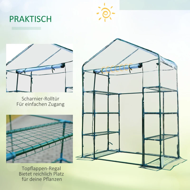 Outsunny Rechteckiges Garten- und Terrassengewächshaus 143x73x195cm, Transparente PVC-Platte und 8 Einlegeböden, aufklappbare Rolltür