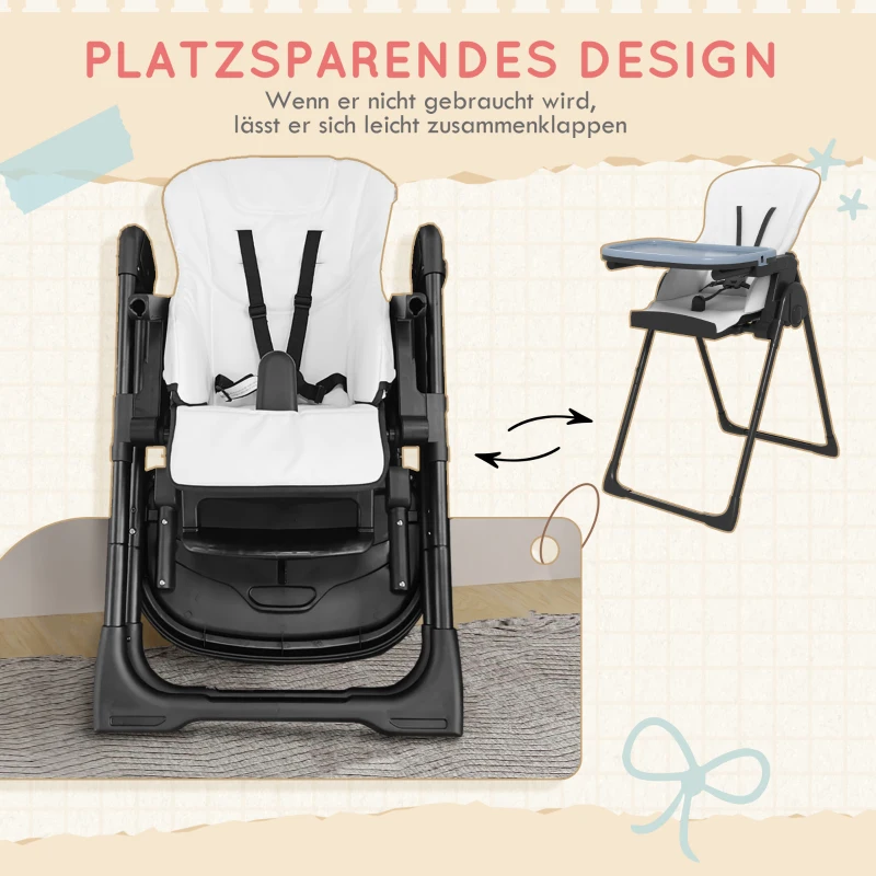 ZONEKIZ Babyhochstuhl klappbarer Babyhochstuhl, 5-Punkt-Gurte, doppeltes Tablett, Blau + Schwarz + Weiß