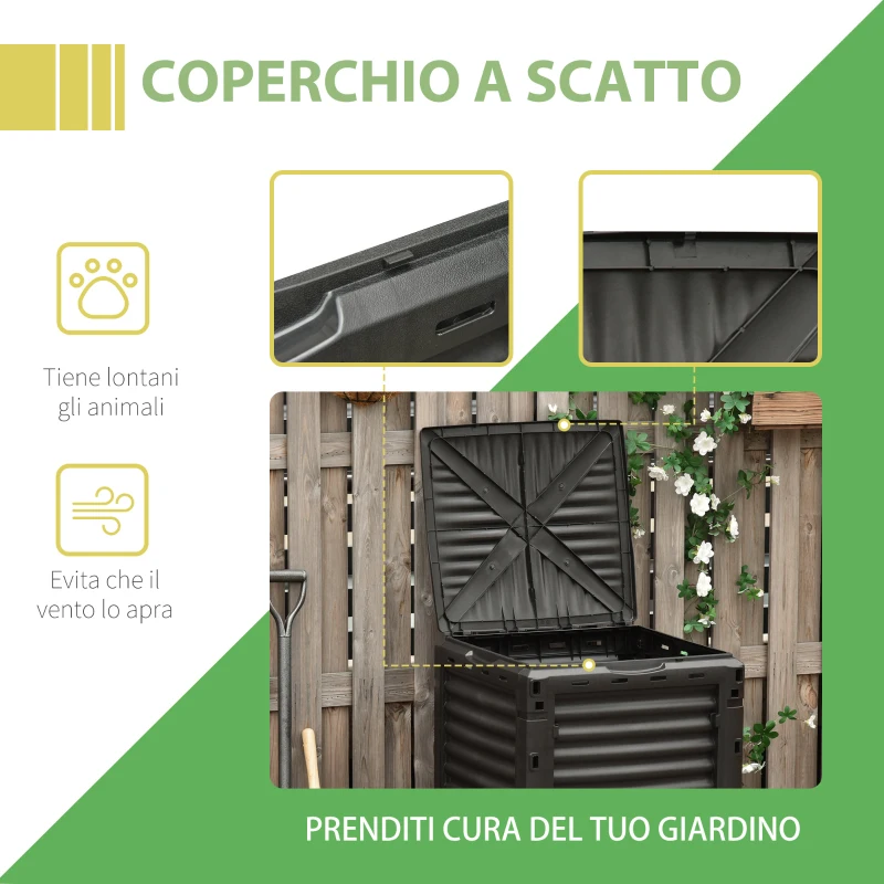 Outsunny Compostiera da Giardino, Compostiera Domestica da 300L in Plastica Nera, Bidone per Compost con Coperchio a Incastro